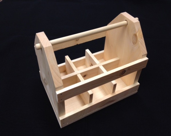 Custom wooden beverage carrier with dividers and a wooden handle, designed for restaurants, retail, and food service.